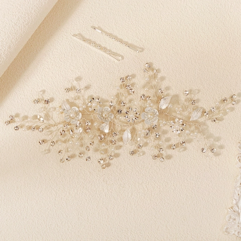 Handgemachte Braut Haarranke Mit Künstlichen Perlen Strass Legierung Kupferdraht Blume Blatt Kopfband Silber Hochzeit Haarschmuck