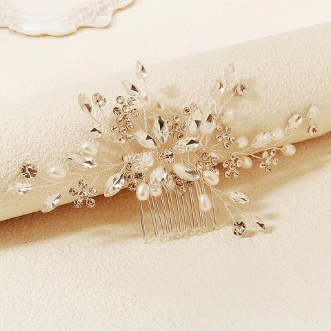 Handmade Bridal Hair Comb And Pin Set Rhinestone Faux Artificial Pearl Flower Leaf Design Wedding Party Jewelry For Women