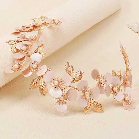 Diadema Nupcial de Flores y Hojas Doradas Hecha a Mano con Perlas Artificiales de Imitación Vigne de Pelo Romántica para Mujeres Boda