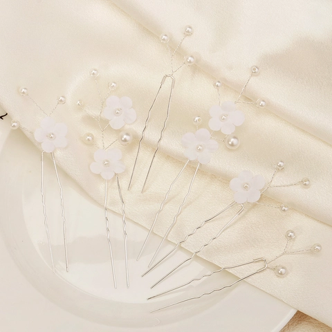 Handmade Bridal Flower Artificial Pearl Hair Pins U-Shaped Metal Hair Forks Elegant White Floral Wedding Headpiece For Women Jewelry