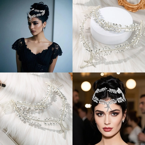 Catena da Fronte Sposa Foglia Strass Lega Argento Pettine Capelli Vintage Fascia Capelli Matrimonio Donna Accessori