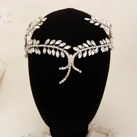 Catena da Fronte Sposa Foglia Strass Lega Argento Pettine Capelli Vintage Fascia Capelli Matrimonio Donna Accessori