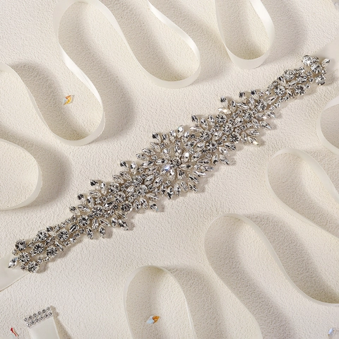 Luxury Rhinestone Bridal Belt For Wedding Dress Elegant Crystal Flower Satin Ribbon Sash Belt For Women Party Accessory
