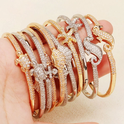 Ocean Series Copper Zircon Bangle For Women Gold Silver Plated Sea Star Shell Seahorse Elegant Fashion Cuff Jewelry