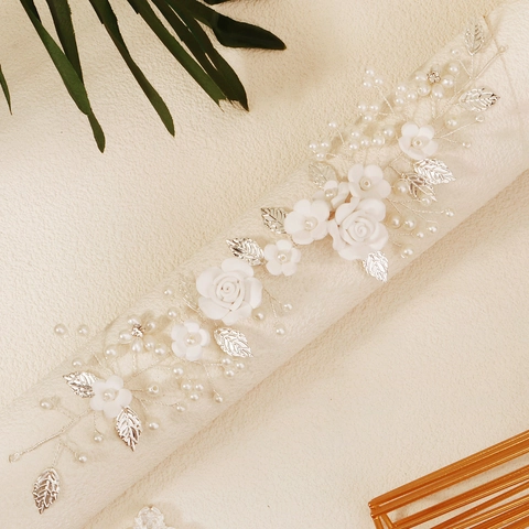 Fascia Sposa Fiori Argilla Bianca Foglia Argento Perla Artificial Sintetica Vite Capelli Matrimonio Accessorio Floreale Donna
