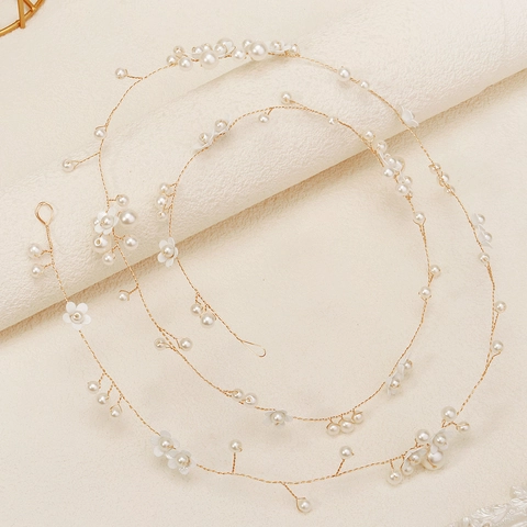 Handmade Woven Flower Artificial Pearl Hair Vine Bohemian Bridal Headband Aesthetic Alloy Floral Hair Accessories For Wedding Performance Women Girls