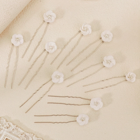 Forcine per Capelli Fatte a Mano in Pasta Polimerica Bianca Con Künstliche Perle a Forma di U In Metallo per Matrimonio Sposa Donna
