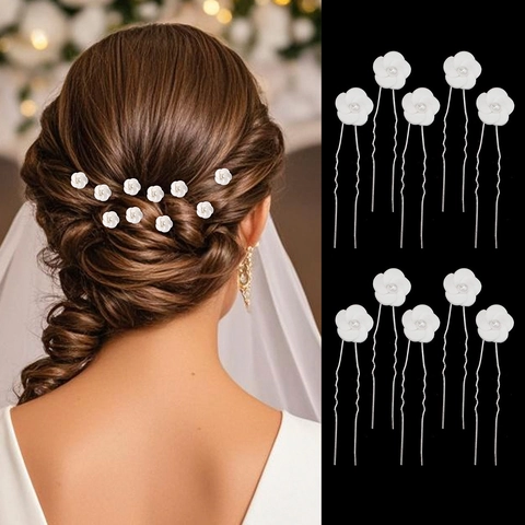 Elegante Witte Polymeerklei Bloem Haarspelden Met Imitatieparel U-Vormige Legering Haarvork Voor Bruiloft Bruid Vrouwen Sieraden