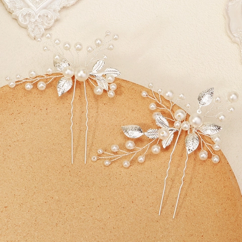 Bastoncini per Capelli a Foglia da Sposa Set in Lega Perla Artificiale Forcine a U Fatte a Mano Gioielli per Capelli