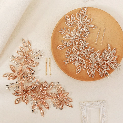 Handgemaakte Strass Blad Bruiloft Haarrank Bruid Hoofdband Kristal Bloem Haaraccessoire Voor Vrouwen Feest Bruid Goud Zilver
