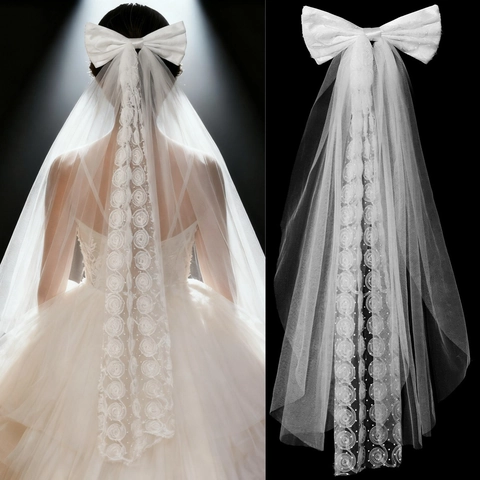 Eleganter Weißer Hochzeitsschleier Mit Großer Satinschleife Und 3D Rosenstickerei Doppellagiges Netz Braut Haarschmuck