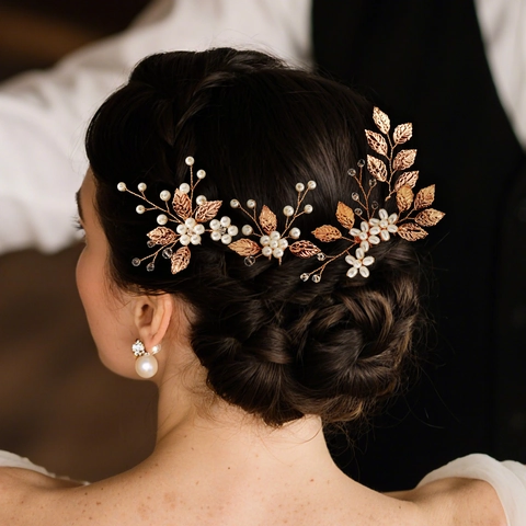 Ensemble 4 Pièces Peigne à Cheveux Mariée Künstliche Perle Feuille d'Or et Épingles en U pour Mariage Fête Accessoires Cheveux Femmes
