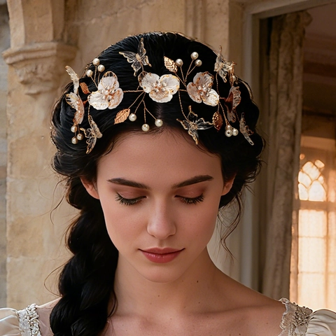 Diadema de Novia Hecha a Mano Estilo Bosque Mujer Oro Aleación Flor Mariposa Perla Artificial Strass Enredadera para Pelo