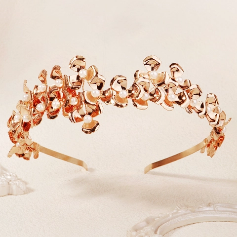 Cerchietto Vintage Reale in Ferro Dorato con Fiori e Perle Artificiali per Donna Elegante Accessorio Capelli Sposa Matrimonio