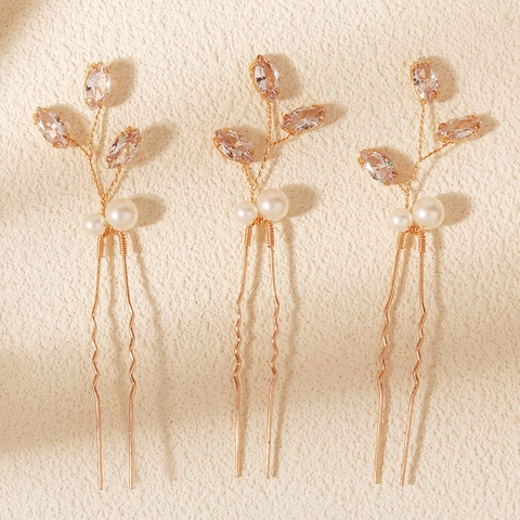 Damen Gold Kupfer Blatt Haarnadeln Mit Zirkonia Und Künstliche Perle Braut U-Förmige Haarforken Hochzeit Party Schmuck