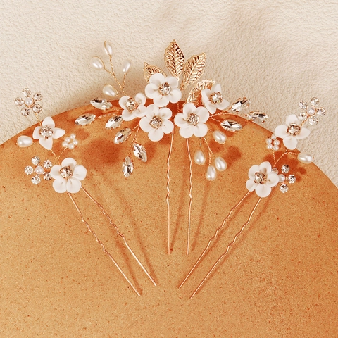 Handgefertigtes Braut Blumen Haarstab Set Gold Legierung Weißer Polymer Ton Florale Haarnadeln Mit Künstlichen Perlen Strass Für Hochzeit Damen Haarschmuck