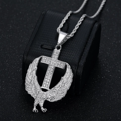 Collana con Ciondolo a Croce di Aquila in Acciaio Inossidabile Hip Hop per Uomo con Strass Placcato Oro Gioielli Religiosi