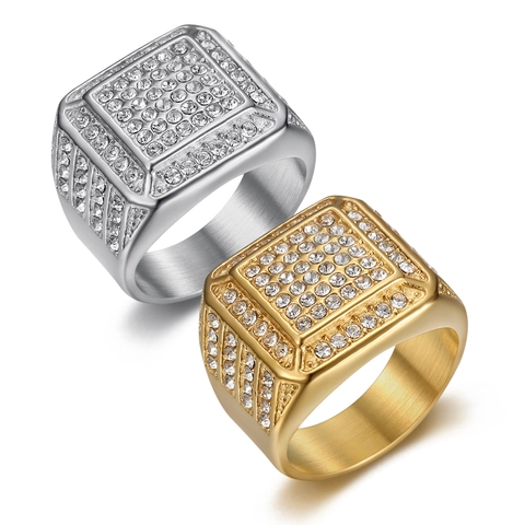 Anillo de Sello Cuadrado de Hip Hop para Hombre de Acero de Titanio con Diamantes de Imitación Chapado en Oro Plata Anillo Geométrico Joyería