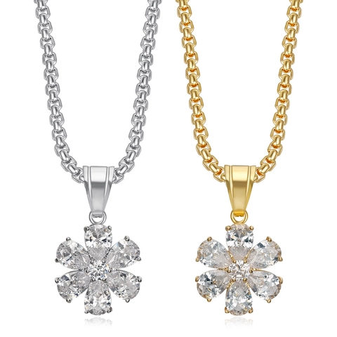 18K Vergoldete Edelstahl Blume Anhänger Halskette Für Damen Geometrisch Eingelegte Zirkonia Minimalistischer Schmuck