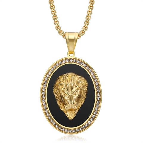 Collar de Colgante de Cabeza de León Hip Hop Acero de Titanio Diamantes de Imitación Pave Medallón de Animal Ovalado Joyería Para Hombre Oro Plata