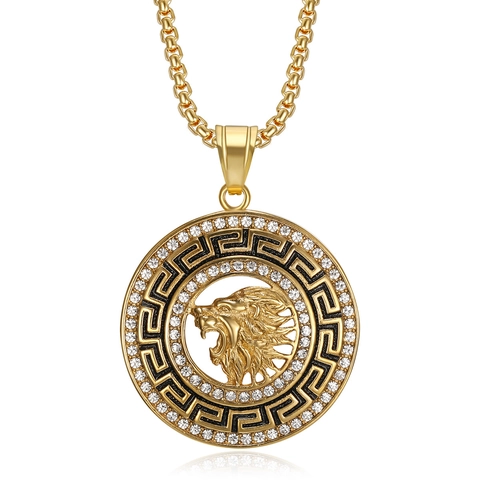 Collar de Colgante de Cabeza de León de Acero Inoxidable Hip Hop con Patrón de Greca de Strass Joyería Chapada en Oro Plata