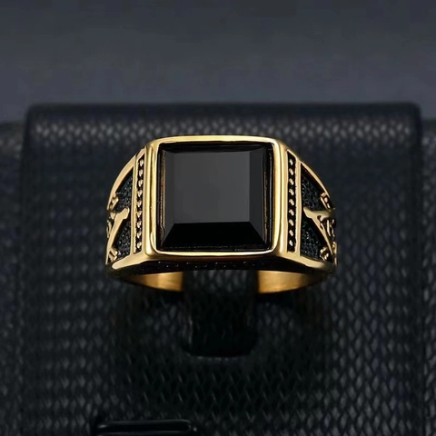 Anillo de Sello Masónico para Hombre Piedra Negra Cuadrada Acero Inoxidable Chapado en Oro Masonería G Brújula Escuadra Joyería