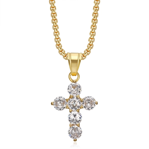Collar de Pendiente de Cruz de Acero de Titanio Hip Hop para Hombres Mujeres Chapado en Oro Plata Incrustado de Circonia Joyería de Moda
