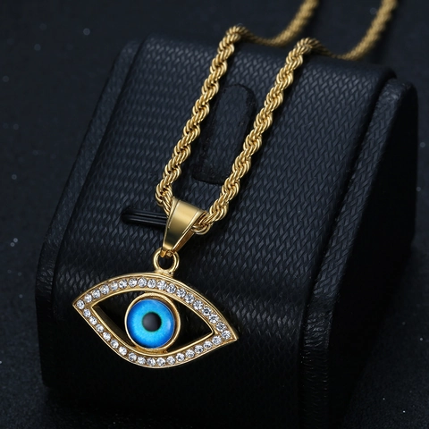 Hip Hop Böser Blick Anhänger Halskette Für Damen Herren Edelstahl Vergoldet Strass Blaues Auge Schmuck Geschenk