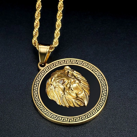 Collier Pendentif Tête De Lion En Acier Titane Hip Hop Avec Motif Grec Yeux En Strass Bijoux Or Argent Pour Hommes Femmes