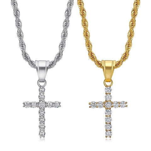 Hip Hop Titanium Steel Cross Pendant Necklace For Unisex Gold Silver Vacuum Plated Zirconia Inlaid Rope Chain Jewelry