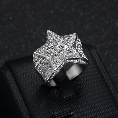 Hip Hop Men Five Point Star Ring Titanium Steel Full Zirconia Inlaid Gold Silver Color Geometric Band Ring Party Jewelry