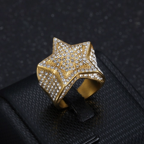 Hip Hop Men Five Point Star Ring Titanium Steel Full Zirconia Inlaid Gold Silver Color Geometric Band Ring Party Jewelry
