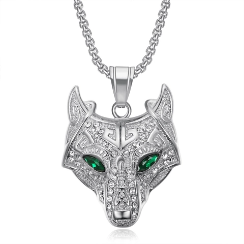 Collar con Colgante de Cabeza de Lobo Vikingo de Acero Inoxidable Zirconia Ojo de Cristal Verde Joyería Hip Hop Punk Gótico