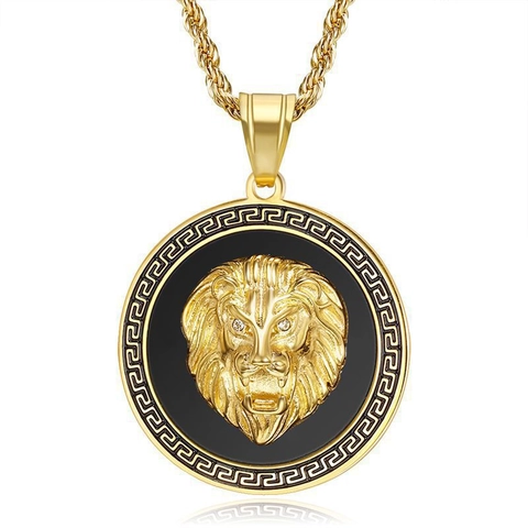 Collier Pendentif Tête De Lion En Acier Titane Hip Hop Avec Motif Grec Yeux En Strass Bijoux Or Argent Pour Hommes Femmes