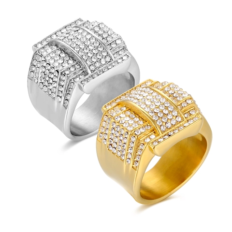 Hip Hop Men Full Rhinestone Pave Titanium Steel Stainless Steel Gold Plated Tiered Geometric Wide Band Ring Jewelry Gift