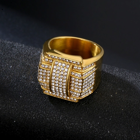 Hip Hop Men Full Rhinestone Pave Titanium Steel Stainless Steel Gold Plated Tiered Geometric Wide Band Ring Jewelry Gift