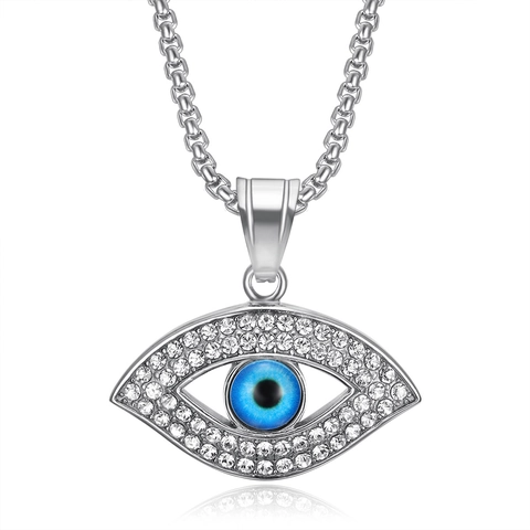 Collana con Ciondolo Malocchio in Acciaio Inossidabile Hip Hop Oro Argento Placcato Zirconia Blu Gioielli per Uomo Donna