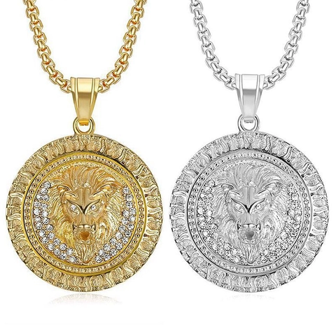 Collar Colgante Cabeza de León Hip Hop Acero Inoxidable Strass Melena de Fuego Medallón Redondo Hombre Mujer Joyería