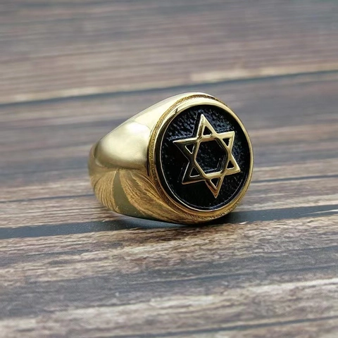 Anillo de Sello Vintage para Hombre de Acero Inoxidable Estrella de David Hexagrama Judío Religioso Anillo de Dedo Oro Plata Regalo