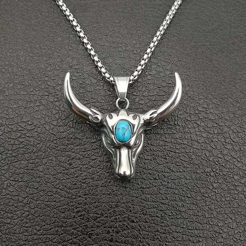 Collar con Colgante de Cabeza de Toro de Acero Inoxidable Punk Vintage Turquesa Pulido Joyería de Cráneo de Toro para Hombres Mujeres