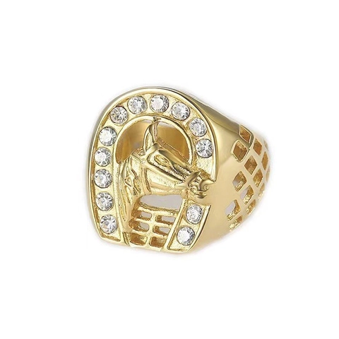 Hip Hop Men Stainless Steel Horse Head Horseshoe Ring Gold Plated Rhinestone Inlaid Vintage Animal Jewelry Finger Ring
