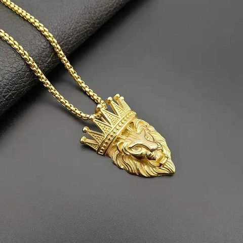 Collar de Colgante Cabeza de León Corona Hip Hop Acero de Titanio Galvanizado Diamante de Imitación Colgante Animal Cadena Veneciana para Hombre Joyería Regalo