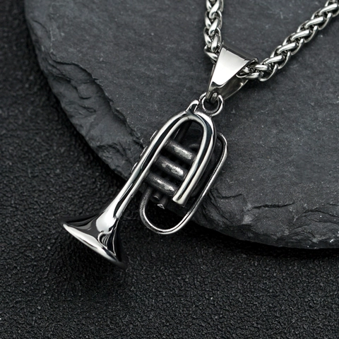 Collar de Colgante de Instrumento Musical de Trompeta de Acero Inoxidable Pulido Vintage Nota Musical para Hombres Mujeres Joyería
