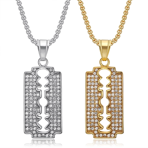 Hip Hop Stainless Steel Razor Blade Pendant Necklace For Men Women Iced Out Rhinestone Blade Fashion Jewelry Accessories
