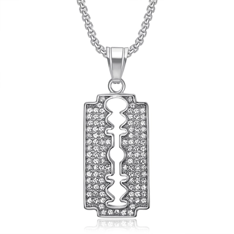 Hip Hop Stainless Steel Razor Blade Pendant Necklace For Men Women Iced Out Rhinestone Blade Fashion Jewelry Accessories