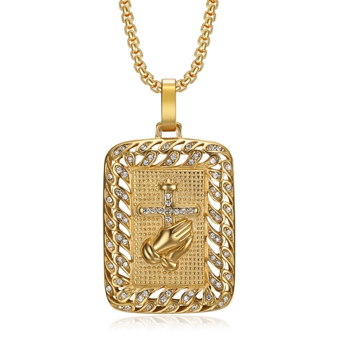 Hip-Hop Titanstahl Betende Hände Anhänger Halskette Edelstahl Kreuz Krone Rechteckig Strass Religiöser Schmuck