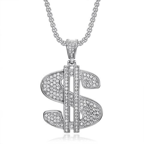 Hip Hop Dollar Sign Pendant Necklace Titanium Steel Gold Pave Rhinestone US Dollar Charm Jewelry For Men Women Party Gift