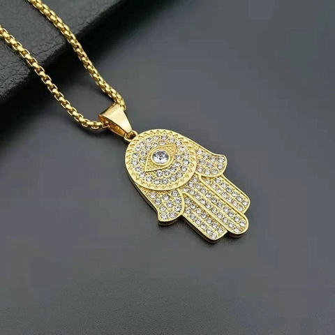 Collana con Pendente Mano di Fatima Malocchio in Acciaio Inossidabile Hiphop Amuletto con Strass Gioielli per Uomo Donna