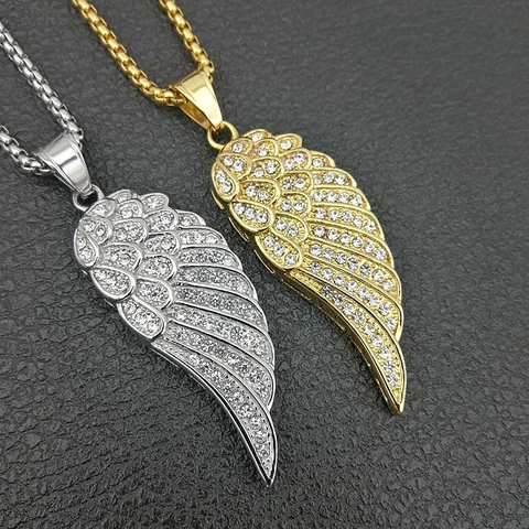 Pendentif Aile d'Ange en Acier Inoxydable Hip Hop pour Hommes Femmes Strass Plume Pendentif Uniquement Sans Chaîne