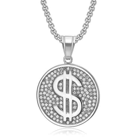 Hip Hop Iced Out Dollar-Zeichen Anhänger Halskette Edelstahl Rund Straßstein Bling Schmuck Für Herren Rapper